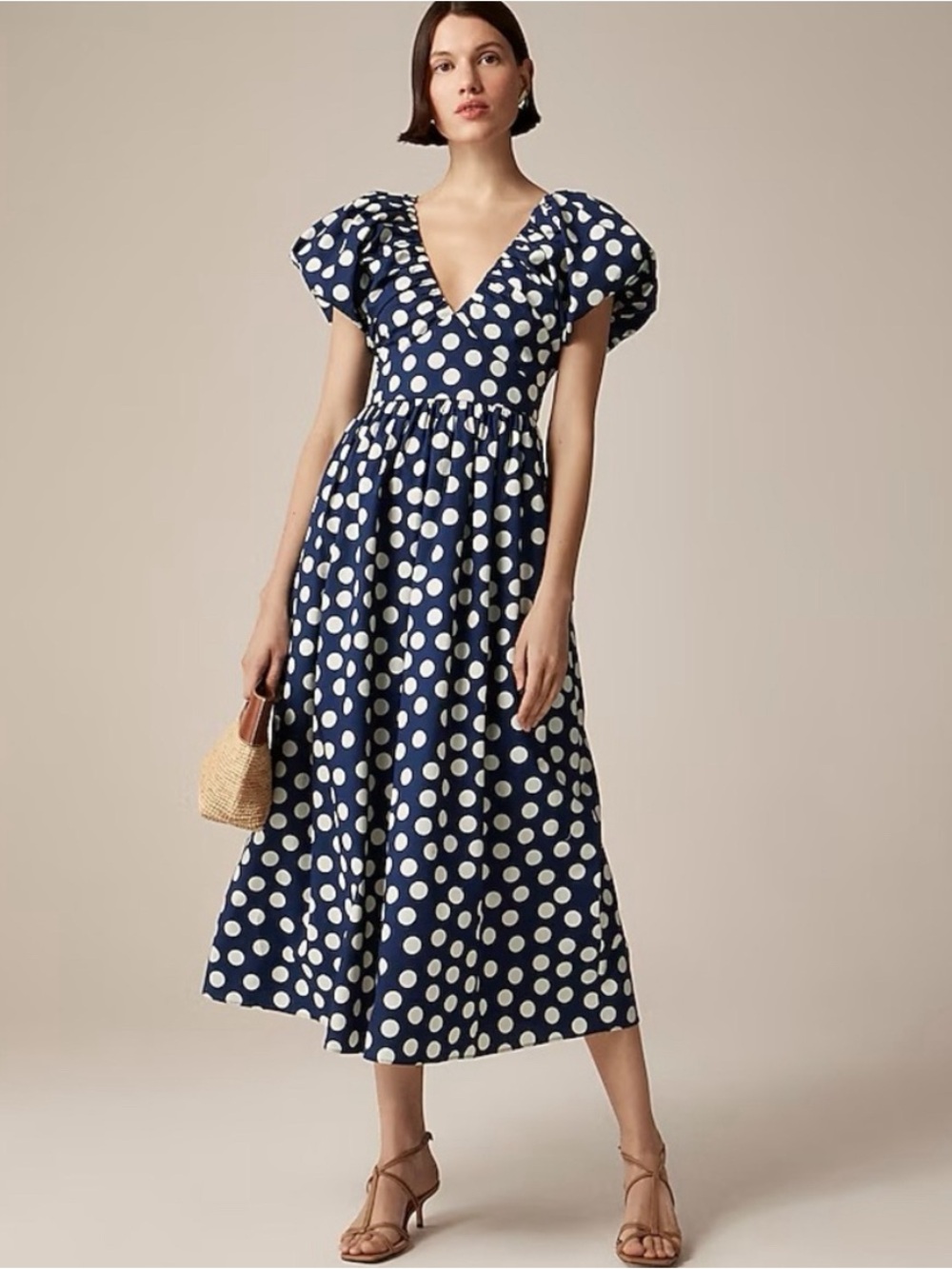 J. Crew Navy Blue and White Polka Dot Midi Dress